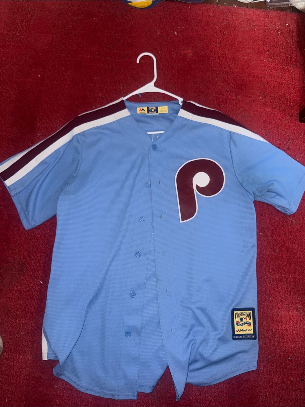 Majestic Light Blue Phillies Short Sleeve Jersey with Maroon Trim